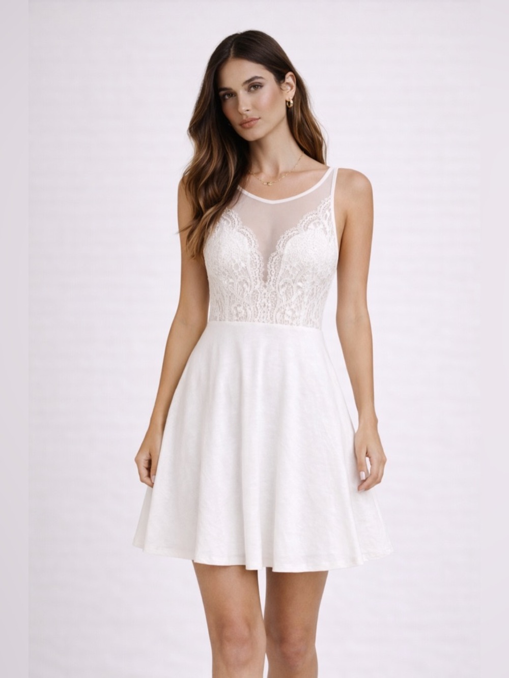 Lulu’s White Lace Bodice Skater Dress Sheer Neckline Backless Size S